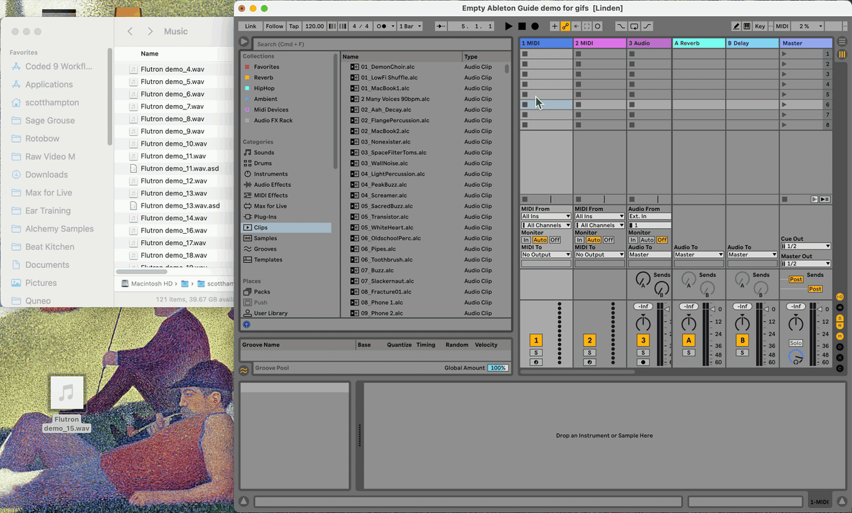 Animated demo of dragging clips from the Finder and the Browser into Session and Arrangement Views