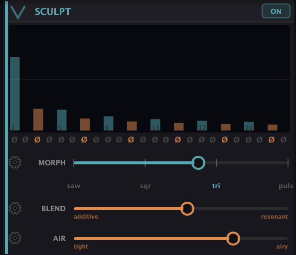 The Sculpt module — per-partial bars above the Show: Level / Pan button, Reset and Copy-to buttons, and the Morph, Formant, Blend, and Air sliders